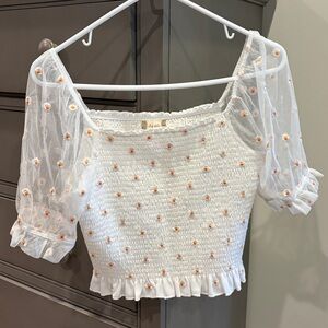 Altar'd State White Smocked Top with Embroidery